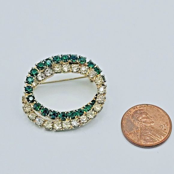 Emerald Green Brooch Vintage Open Double Oval Crystal May Statement Jewelry Pin - Picture 6 of 10